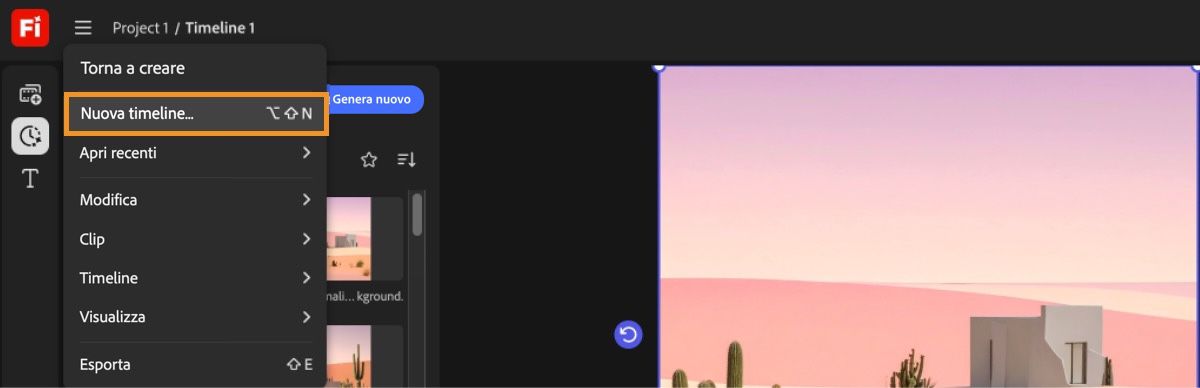 L'Editor video mostra il menu hamburger espanso, con evidenziata l'opzione Nuova timeline.