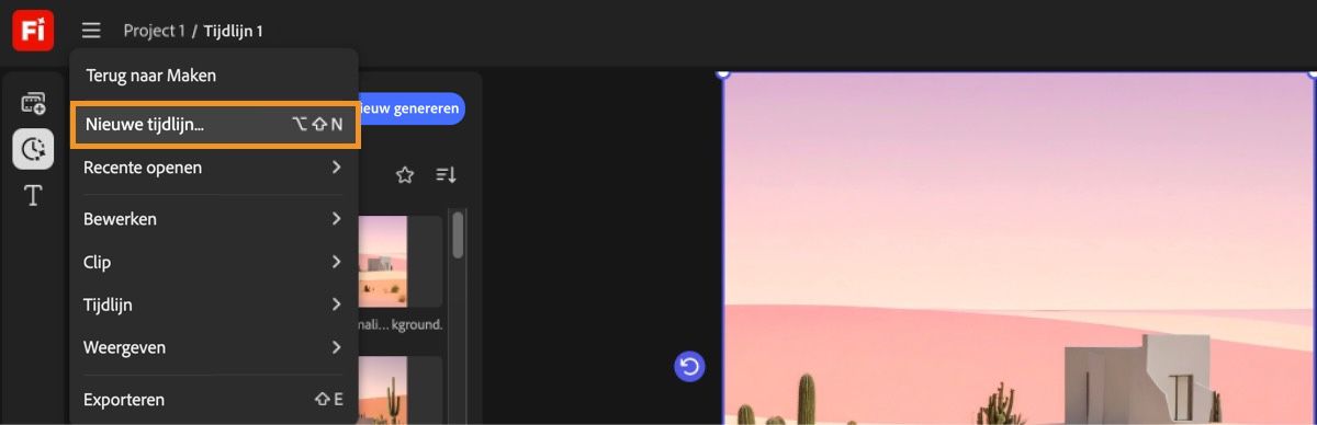 Video-editor toont het uitgevouwen hamburgermenu, met een markering boven de optie Nieuwe tijdlijn.