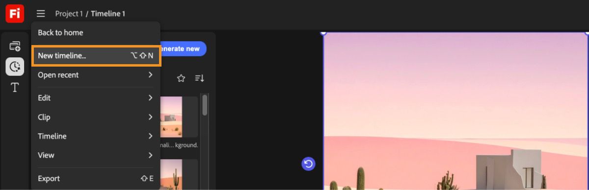 Video Editor displays the expanded hamburger menu, with a highlight over the New timeline option.