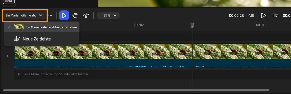 Im Video-Editor wird das erweiterte Hamburger-Menü angezeigt, die Option „Neue Timeline“ ist hervorgehoben.