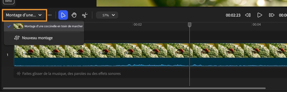 L’éditeur de vidéo affiche le menu hamburger développé, avec l’option Nouveau montage mise en évidence.