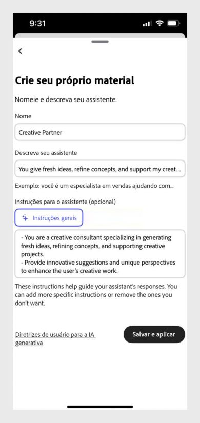 Caixa de diálogo do PDF Spaces para criar um Assistente de IA personalizado com campos para atribuir nome, definir meta e instruções.