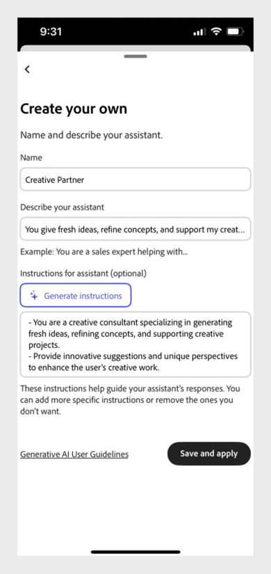 PDF Spaces-dialogboks for å opprette en personlig KI-assistent med felter for å tildele navn, definere mål og instruksjoner.