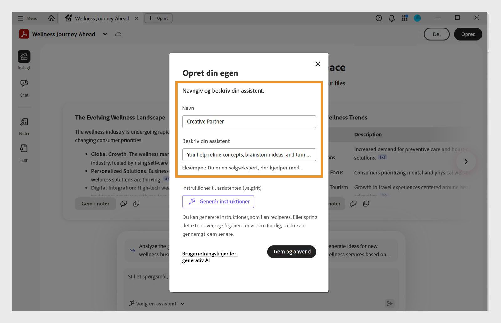 PDF Spaces-dialogboks til oprettelse af en brugerdefineret assistent med felter til at tildele navn, definere mål og instruktioner.
