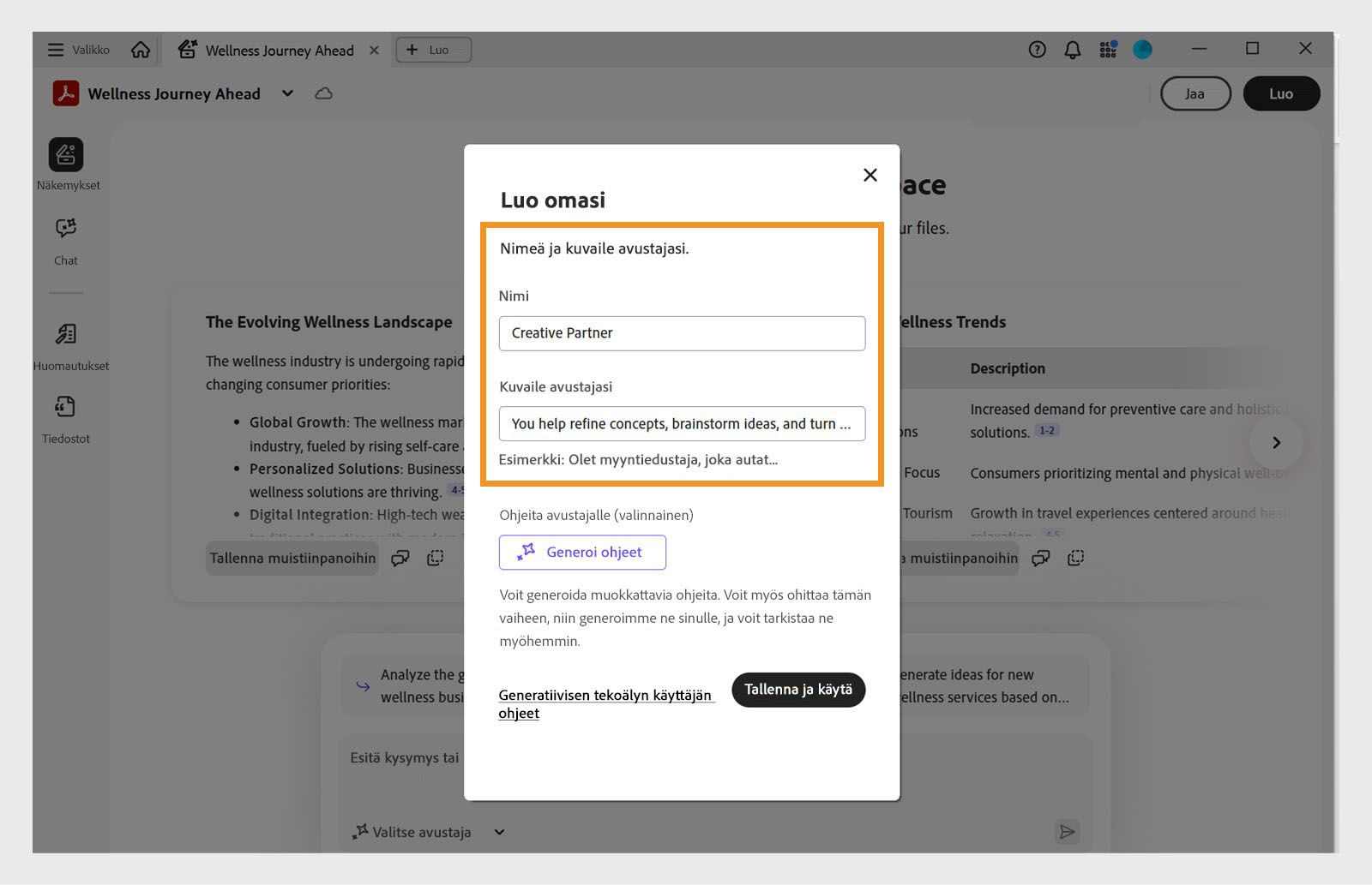 PDF Spaces -valintaikkuna mukautetun avustajan luomiseen, jossa on kentät nimen antamiselle, tavoitteen määrittelylle ja ohjeiden antamiselle.