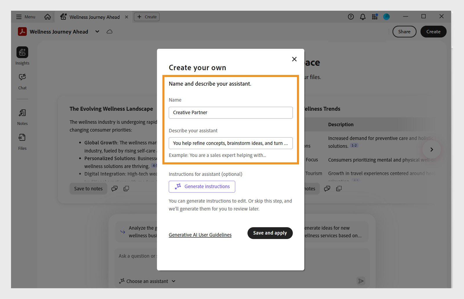 Cuadro de diálogo de PDF Spaces para crear un asistente personalizado con campos para asignar nombre, definir meta e instrucciones.