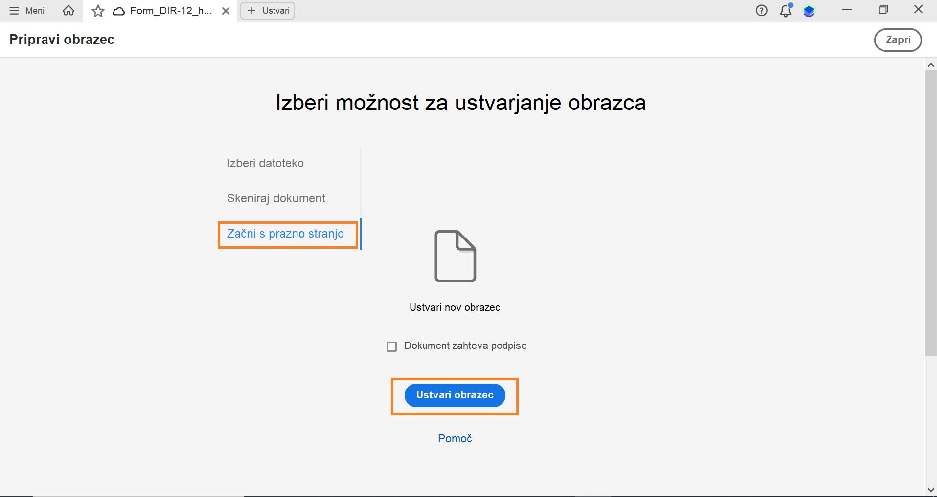 Ustvarjanje novega obrazca