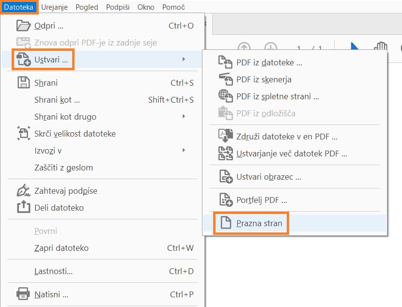 Ustvarite PDF s prazno stranjo v meniju Datoteka