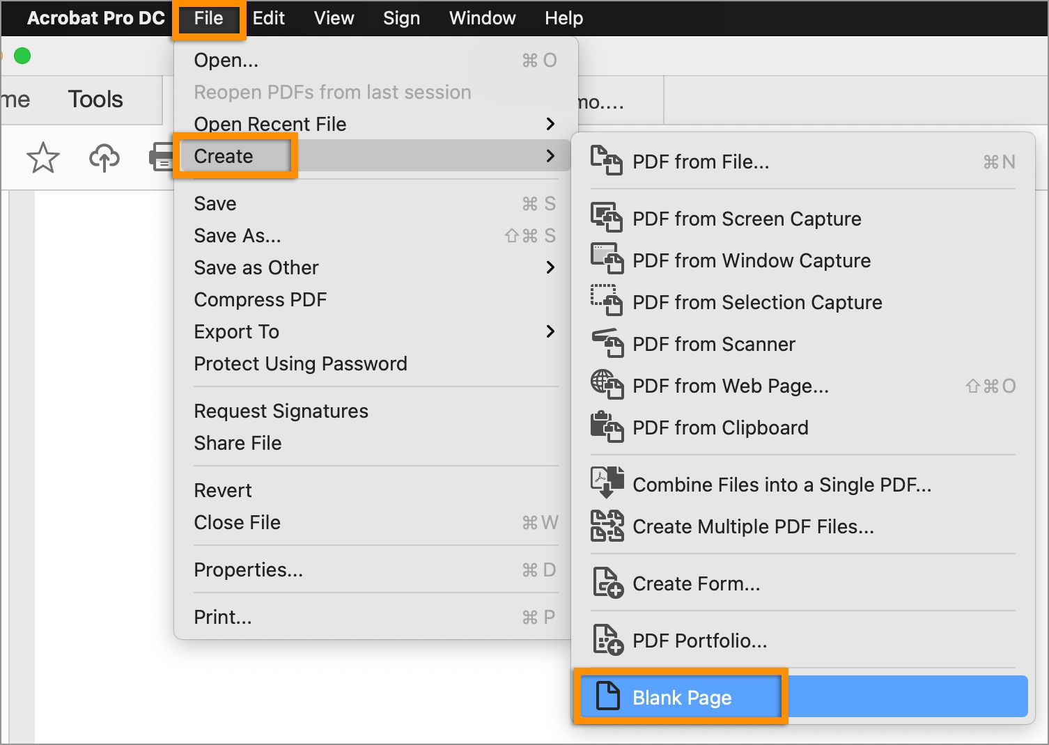 إنشاء ملف PDF ذي صفحة فارغة من قائمة الملف
