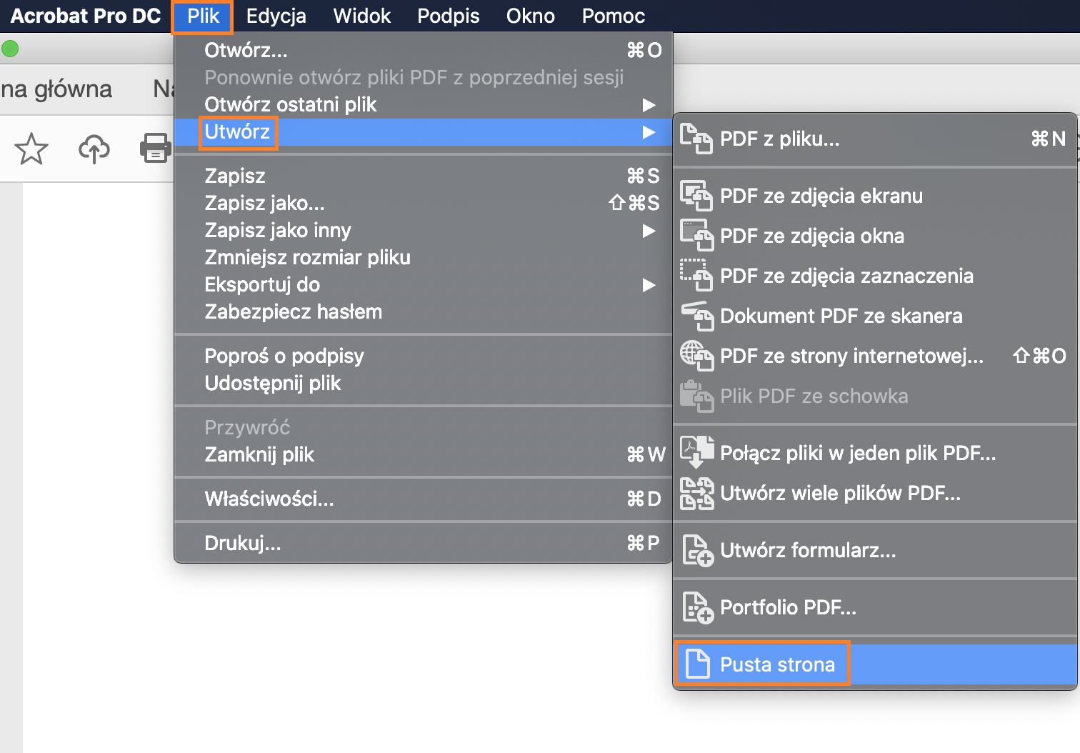 Tworzenie pustej strony w pliku PDF z menu Plik