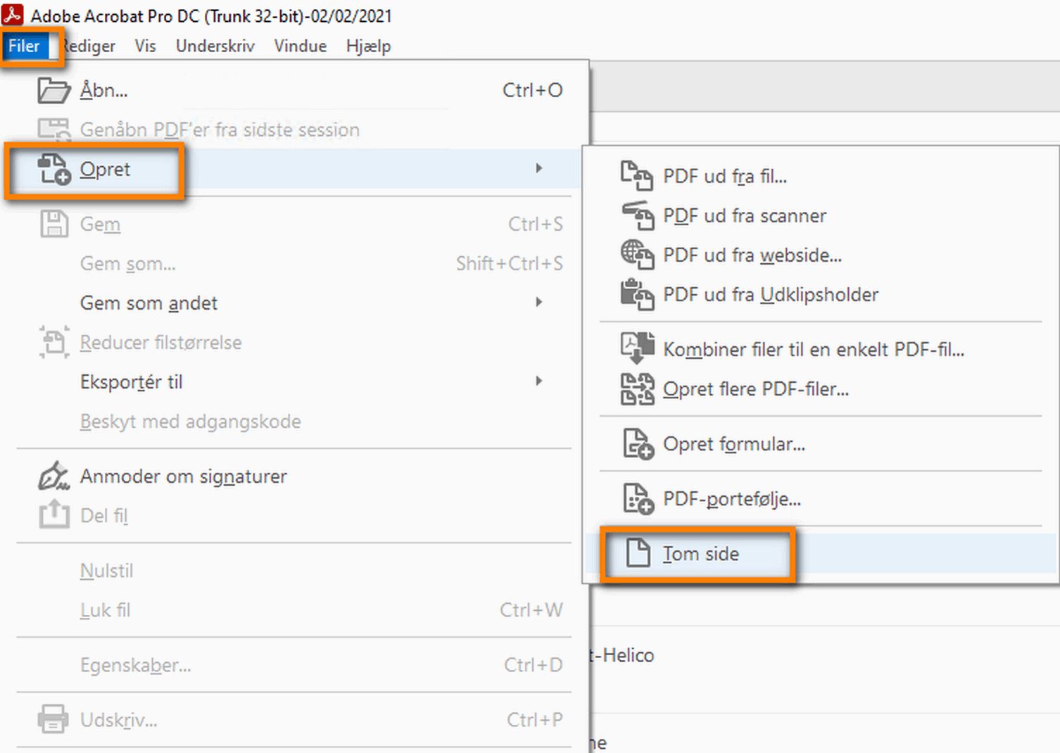 Opret en tom PDF-side fra filmenuen