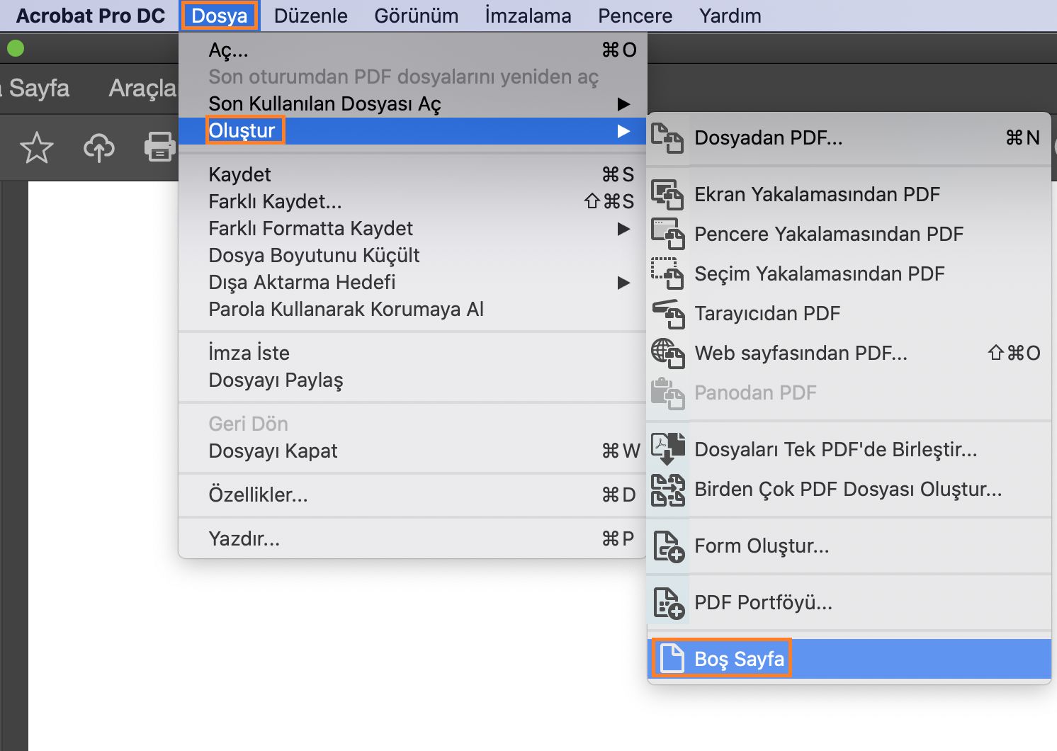 Dosya menüsünden boş bir PDF sayfası oluşturma