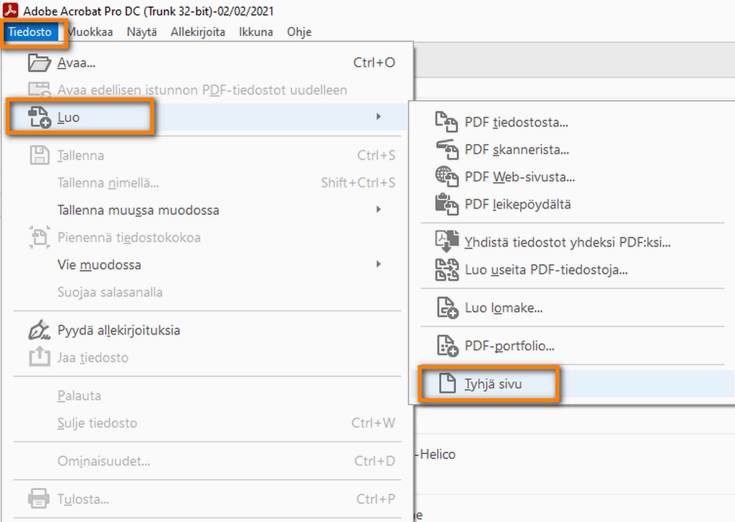 Luo tyhjän sivun PDF Tiedosto-valikosta