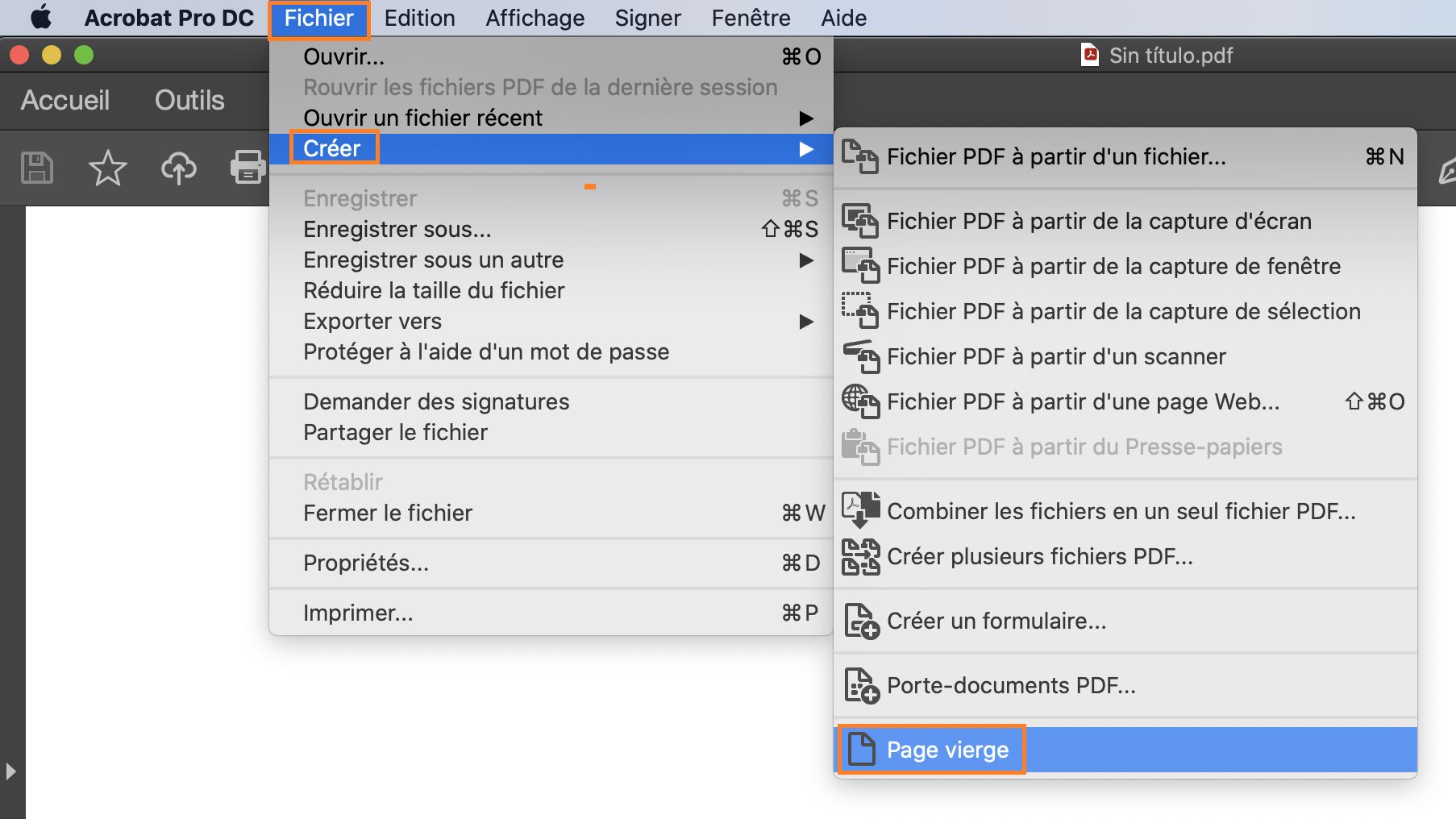 Création d’une page PDF vierge à partir du menu Fichier