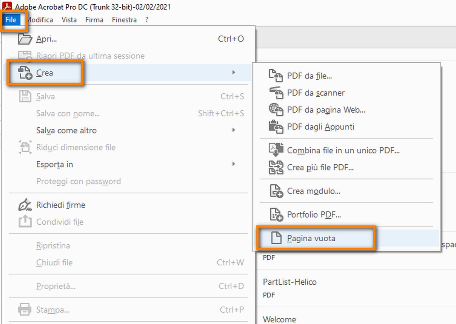 Creare un PDF con una pagina vuota dal menu File