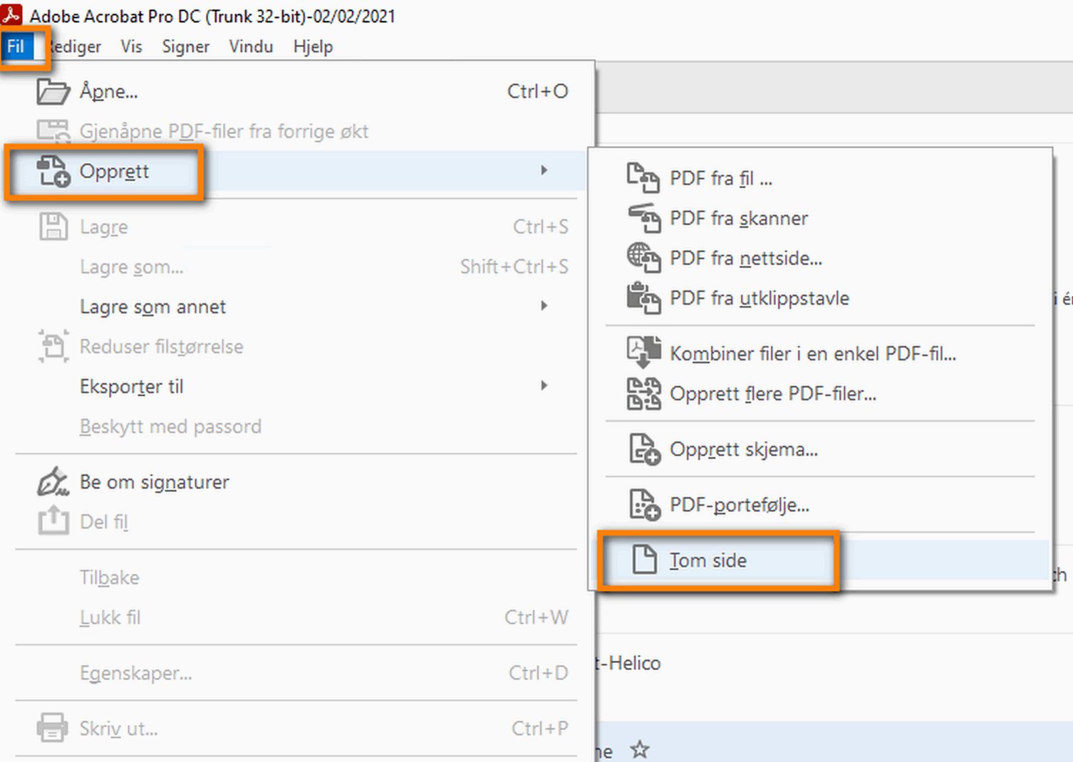 Opprett en tom PDF-side fra Fil-menyen