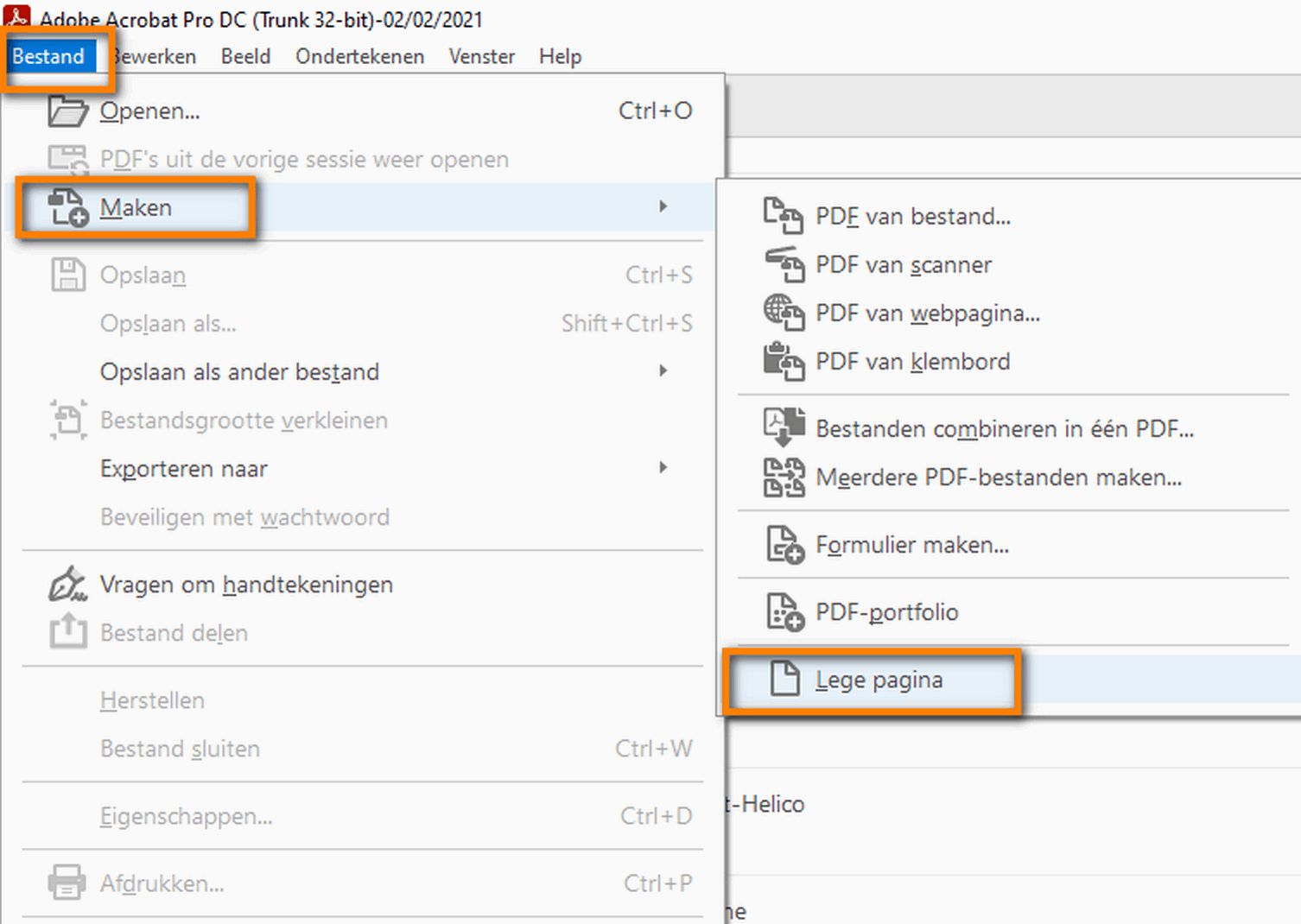Een lege pagina maken als PDF-bestand via het menu Bestand