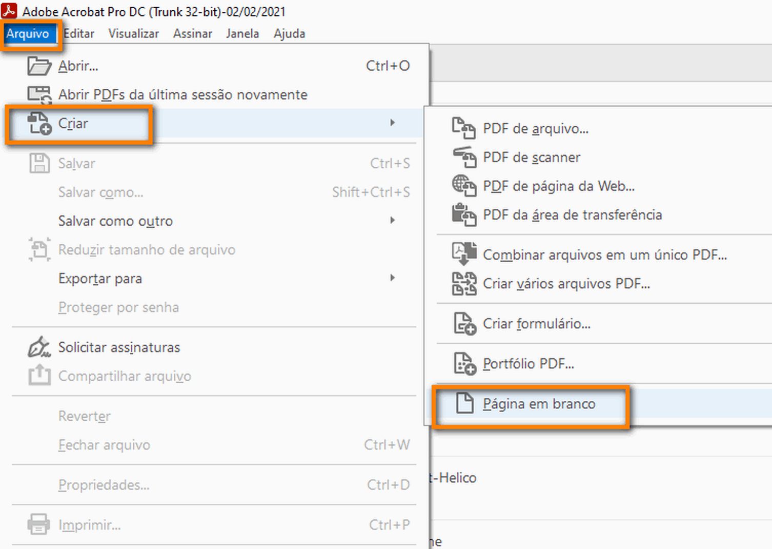 Criar um PDF de página em branco a partir do menu Arquivo