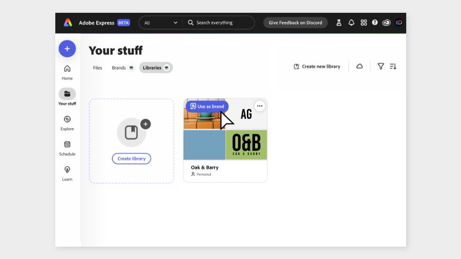 The clicker selects “Use as brand” appearing over a library thumbnail on the Libraries page