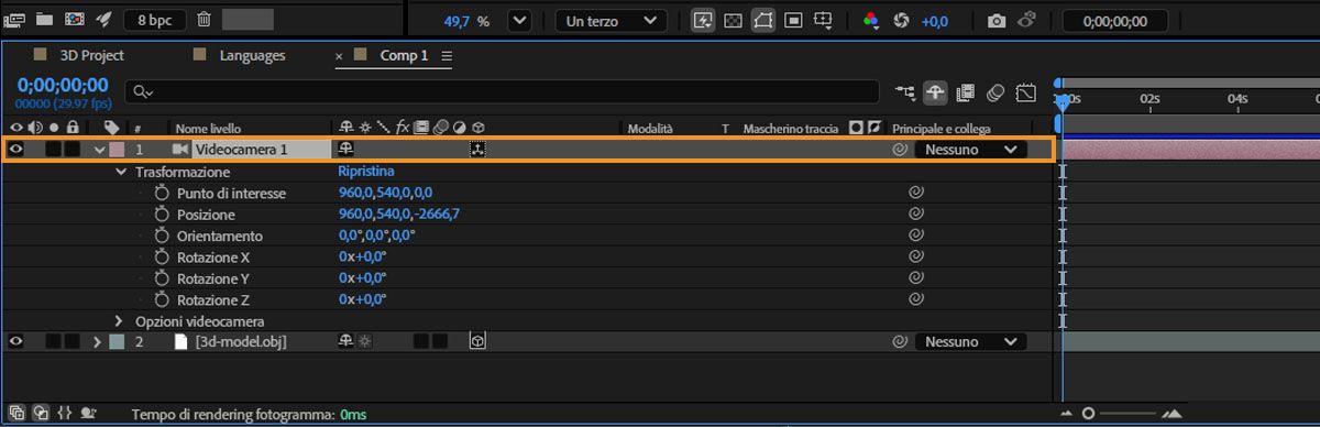 Videocamera predefinita nella timeline.