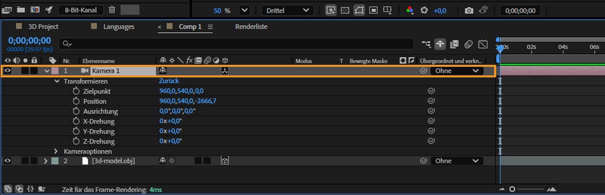 Standardkamera in der Zeitleiste.