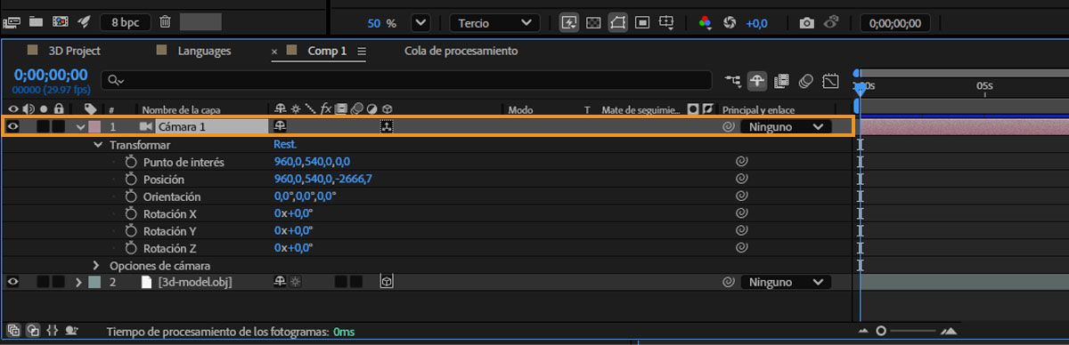 Cámara predeterminada en la cronología.