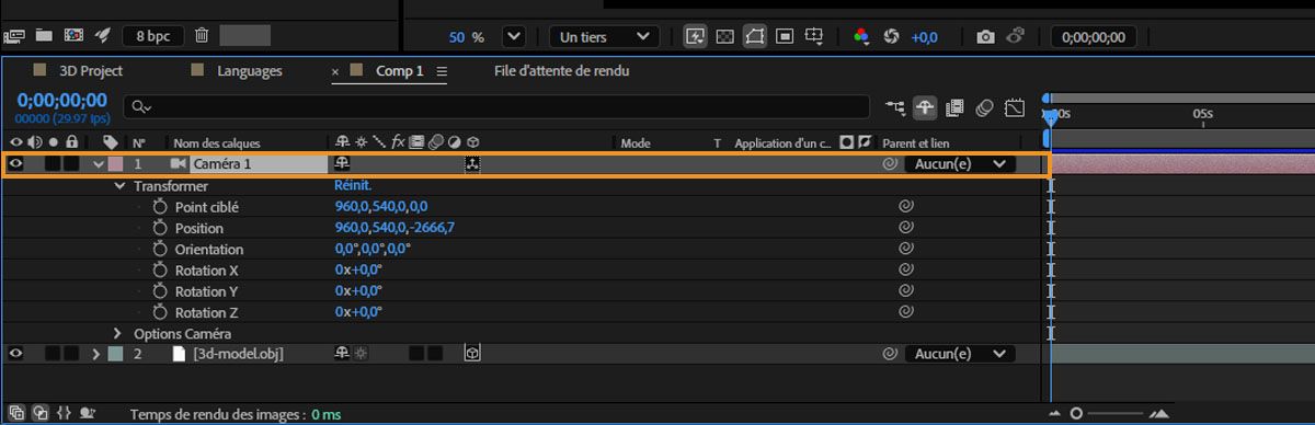 Caméra par défaut dans le montage.