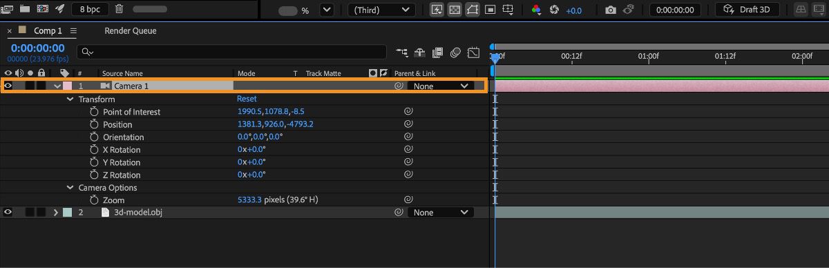 Default camera in the timeline.