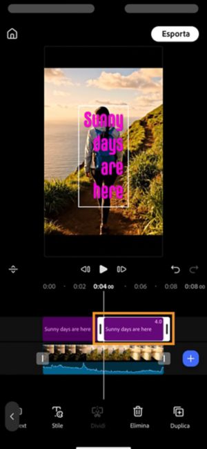 Due clip di testo «Sunny days are here» nella timeline, con la seconda selezionata.