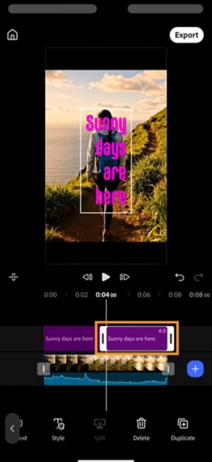 Two "Sunny days are here" text clips in the timeline, with the second one selected.
