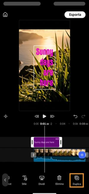 Pulsante Duplica evidenziato nella barra degli strumenti con una singola clip di testo «Sunny days are here» selezionata.