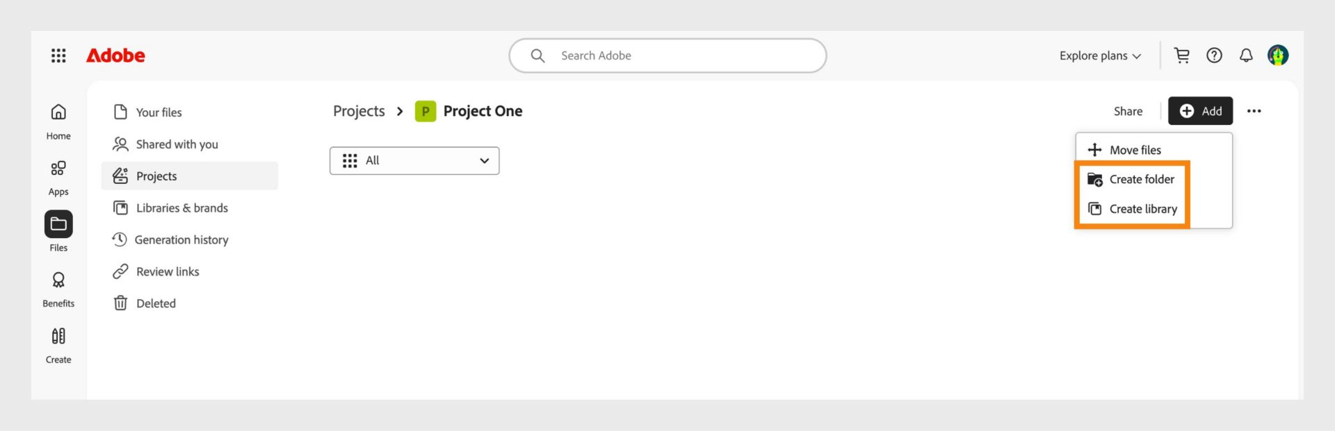 „Adobe“ žiniatinklio sąsaja, kurioje rodomas projektų rodinys su parinktimi pridėti ir tvarkyti failus kuriant aplankus arba bibliotekas.