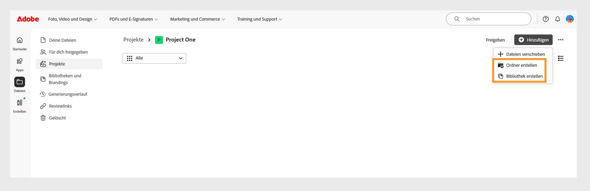 Die Adobe-Weboberfläche zeigt die Projektansicht, in der Dateien hinzugefügt und durch Anlegen von Ordnern oder Bibliotheken organisiert werden können.