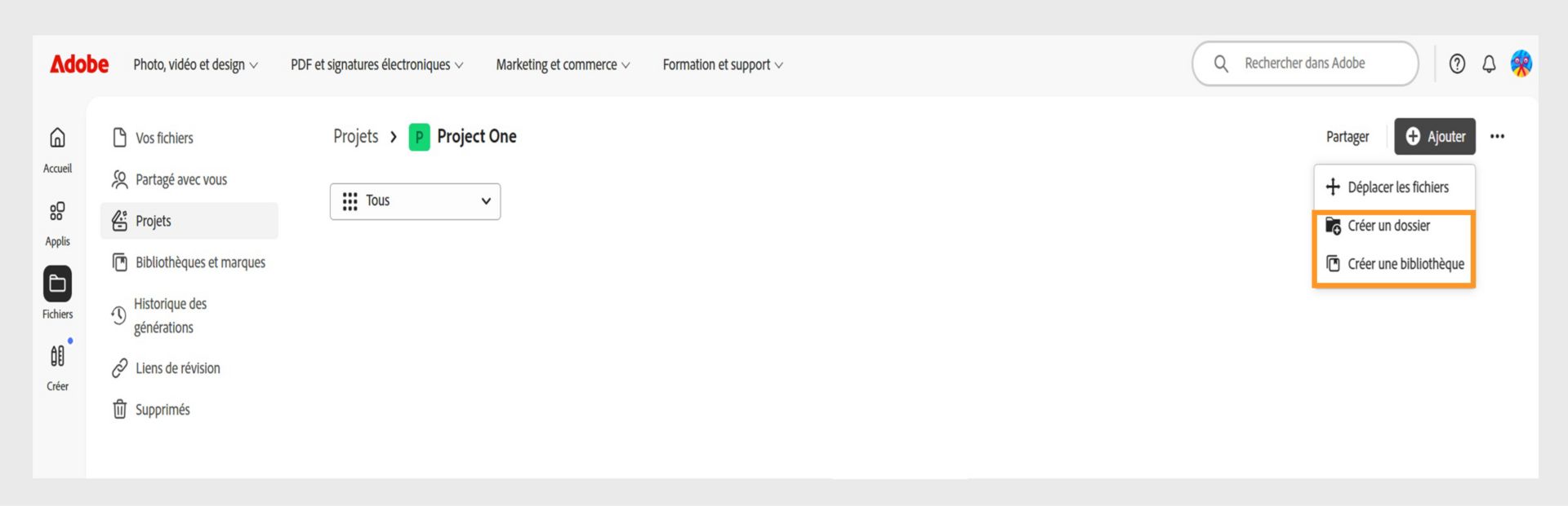 Interface Web Adobe affichant la vue Projets, avec la possibilité d’ajouter et d’organiser des fichiers en créant des dossiers ou des bibliothèques.