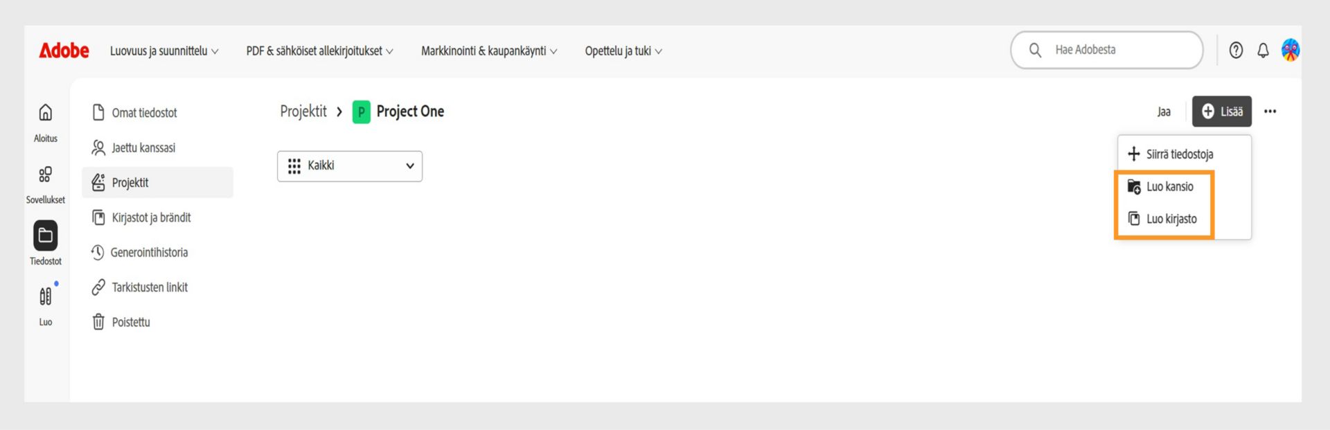 Adoben verkkokäyttöliittymän Projektit-näkymä, jossa on mahdollisuus luoda ja järjestellä tiedostoja luomalla kansioita tai kirjastoja.