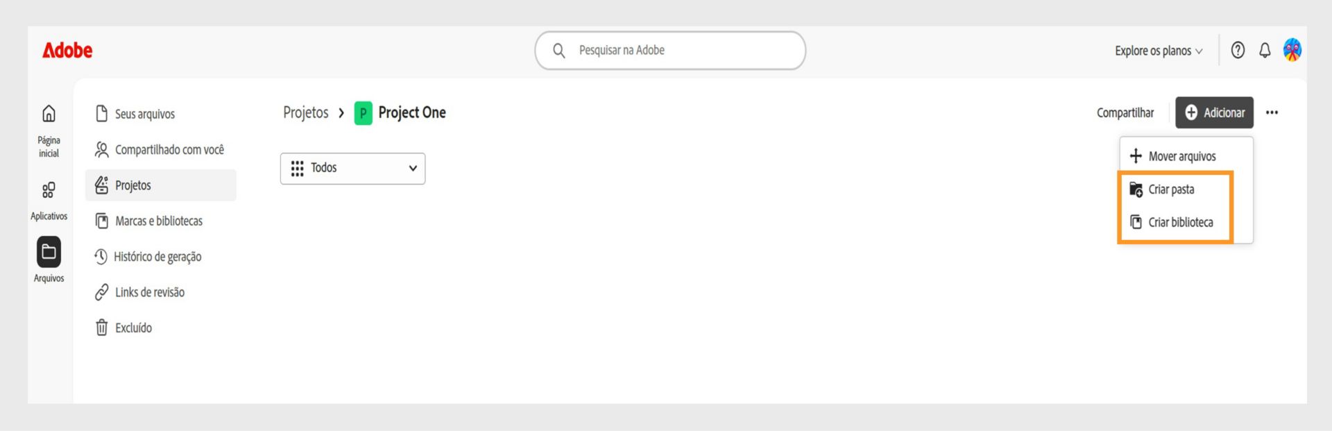 Interface web da Adobe mostrando a visualização de Projetos com a opção de adicionar e organizar arquivos criando pastas ou bibliotecas.