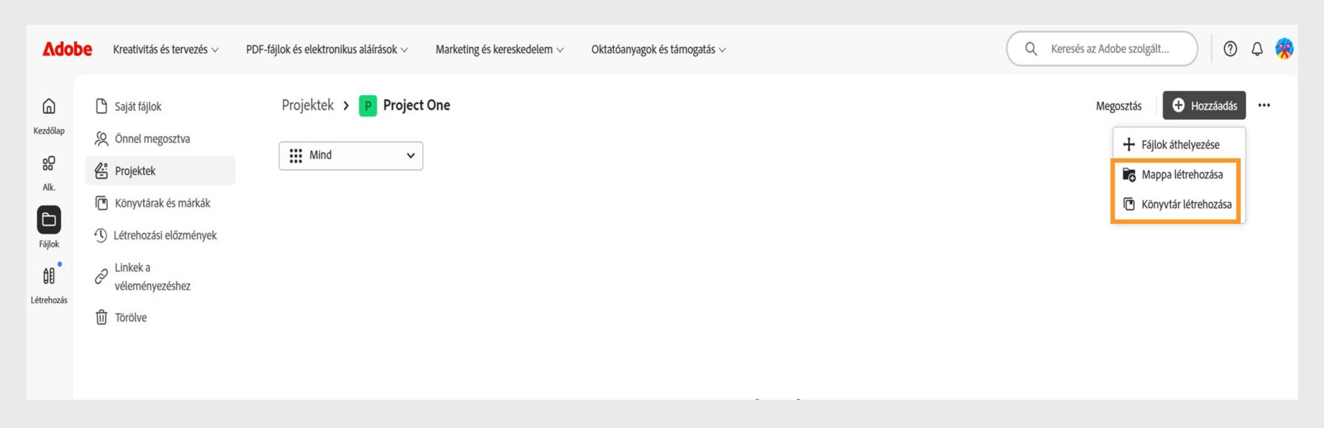 Az Adobe webes felülete, amelyen látható a Projektek nézet, ahol fájlokat lehet hozzáadni és rendszerezni mappák vagy könyvtárak létrehozásával.
