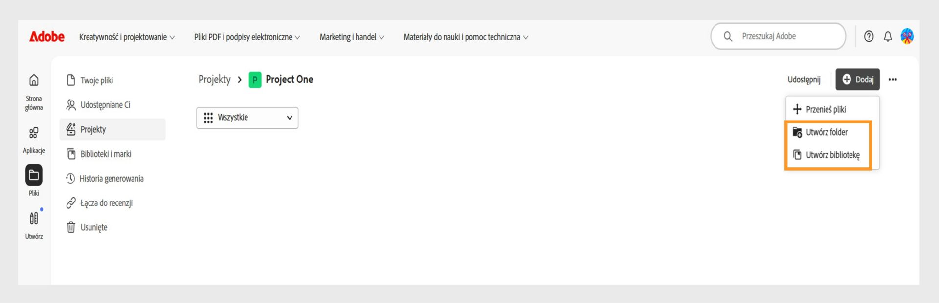 Interfejs internetowy Adobe pokazujący widok Projektów z opcją dodawania i organizowania plików poprzez tworzenie folderów lub bibliotek.