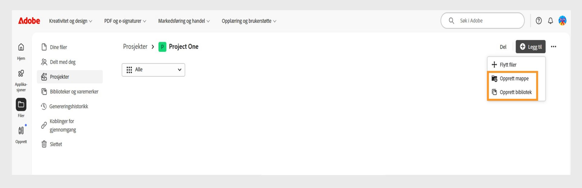Adobe web-grensesnitt som viser Prosjekter-visningen med muligheten til å legge til og organisere filer ved å opprette mapper eller biblioteker.