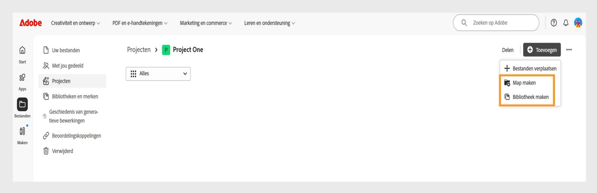 Adobe-webinterface met de weergave Projecten en de optie om bestanden toe te voegen en te ordenen door mappen of bibliotheken te maken.