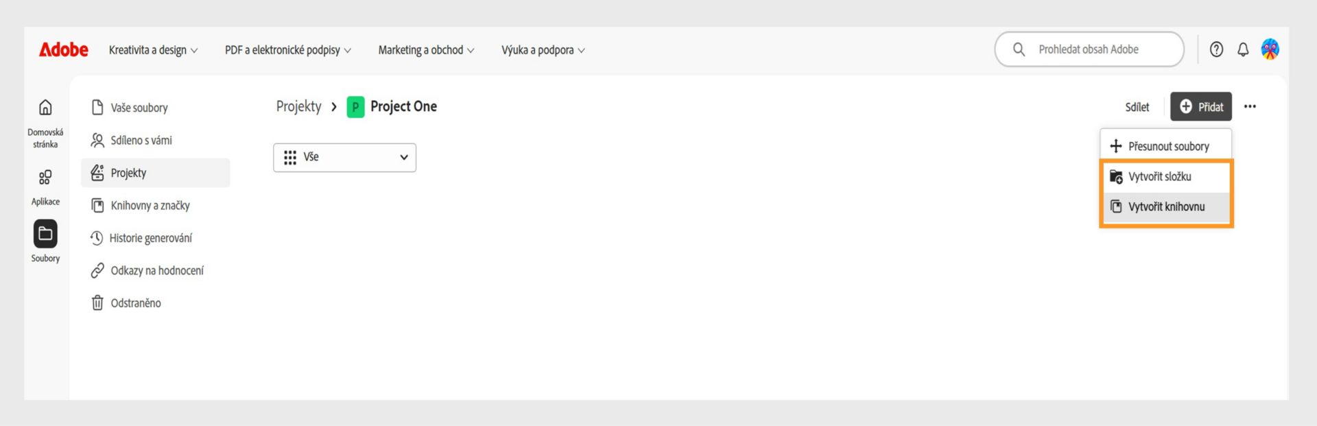 Webové rozhraní Adobe zobrazující pohled Projekty s možností přidávat a organizovat soubory vytvářením složek nebo knihoven.