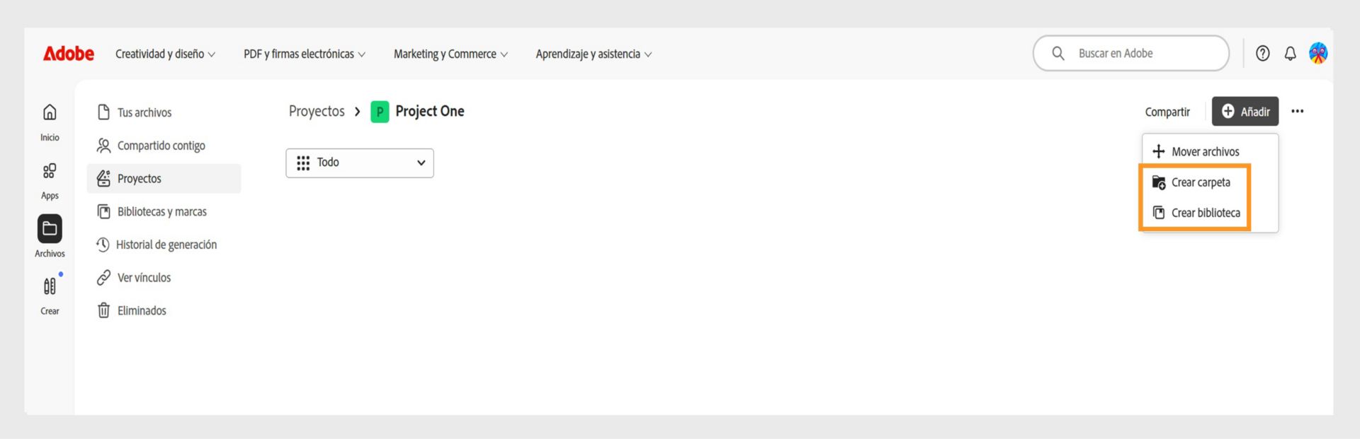 Interfaz web de Adobe mostrando la vista de Proyectos con la opción de agregar y organizar archivos creando carpetas o bibliotecas.
