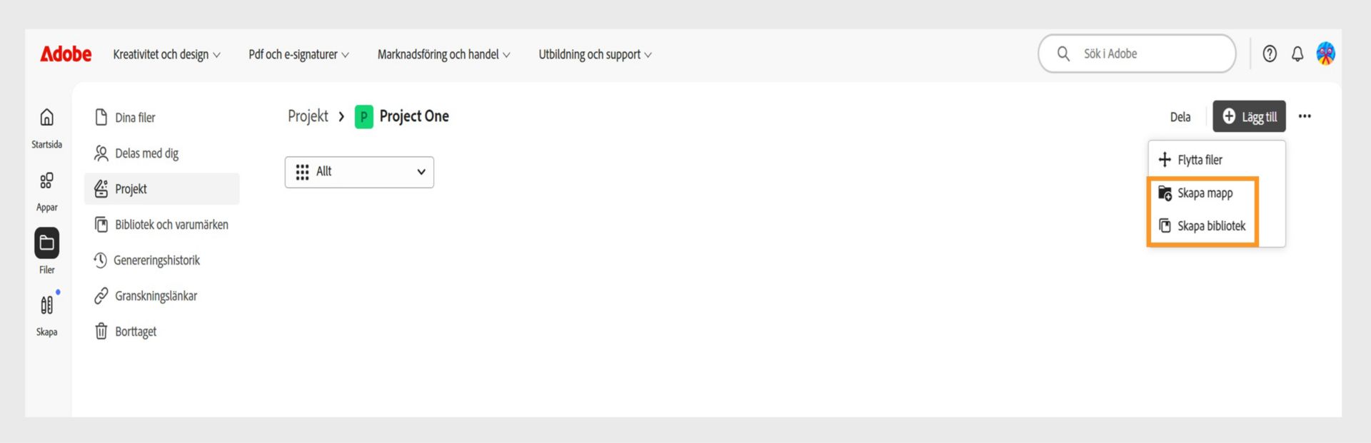 Adobe webbgränssnitt som visar Projekt-vyn med möjlighet att lägga till och organisera resurser genom att skapa mappar eller bibliotek.