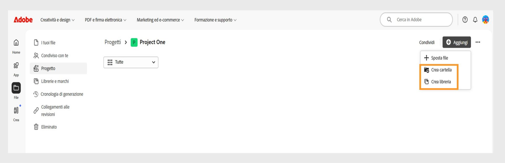 Interfaccia web di Adobe che mostra la visualizzazione Progetti con l'opzione per aggiungere e organizzare i file creando cartelle o librerie.