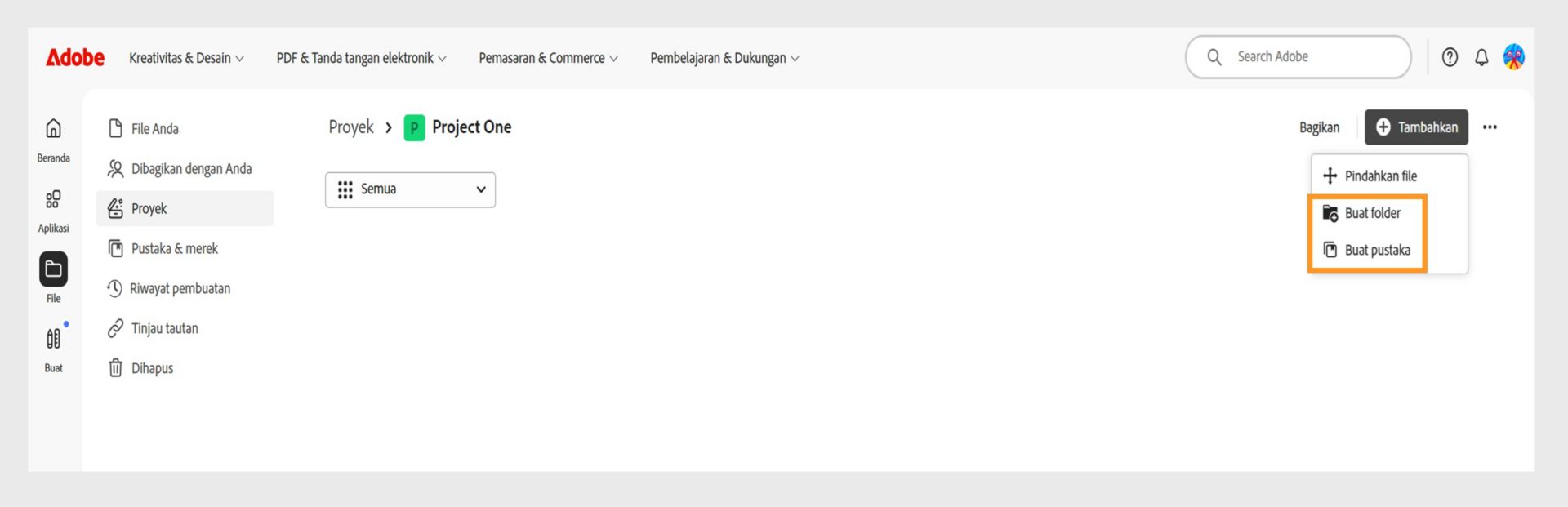 Antarmuka web Adobe yang menampilkan tampilan Proyek dengan opsi untuk menambahkan dan mengelola file dengan membuat folder atau pustaka.