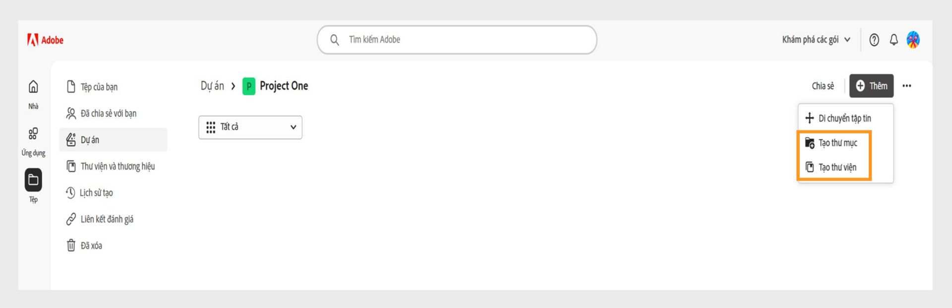 Giao diện web Adobe hiển thị chế độ xem Dự án với tùy chọn thêm và sắp xếp tập tin bằng cách tạo thư mục hoặc thư viện.