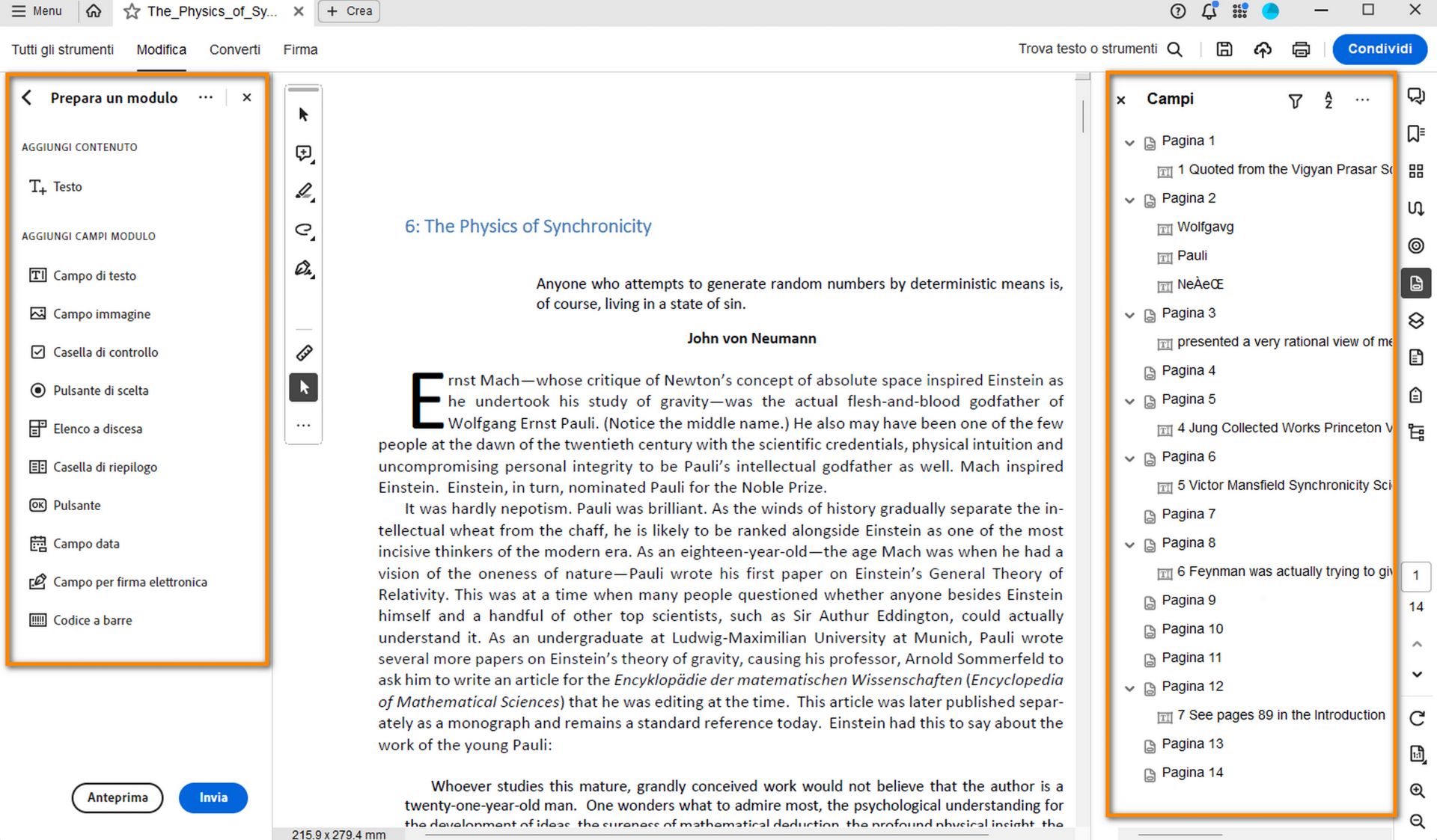 Barra degli strumenti Prepara modulo