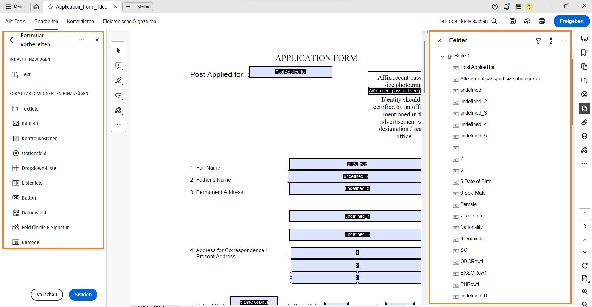 Symbolleiste „Formular vorbereiten“
