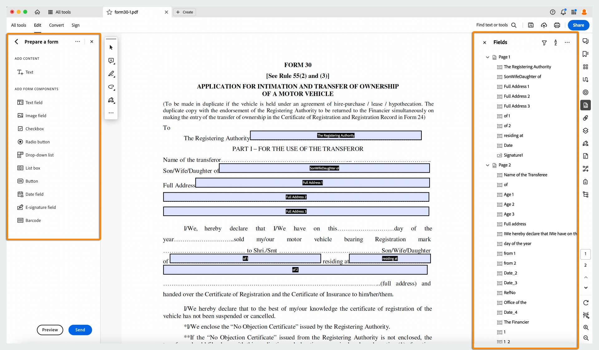 شريط أدوات Prepare Form