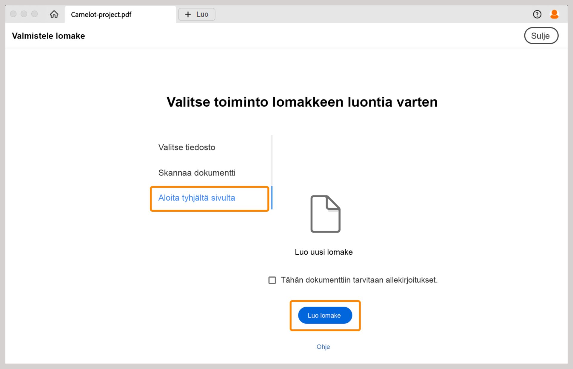Tyhjän lomakkeen luominen